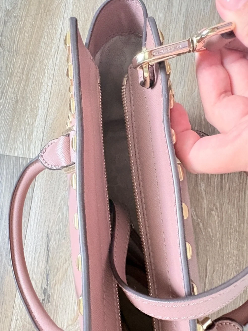 Michael Kors Selma Studded Medium Saffiano Leather Satchel Pink Gold Hardware
